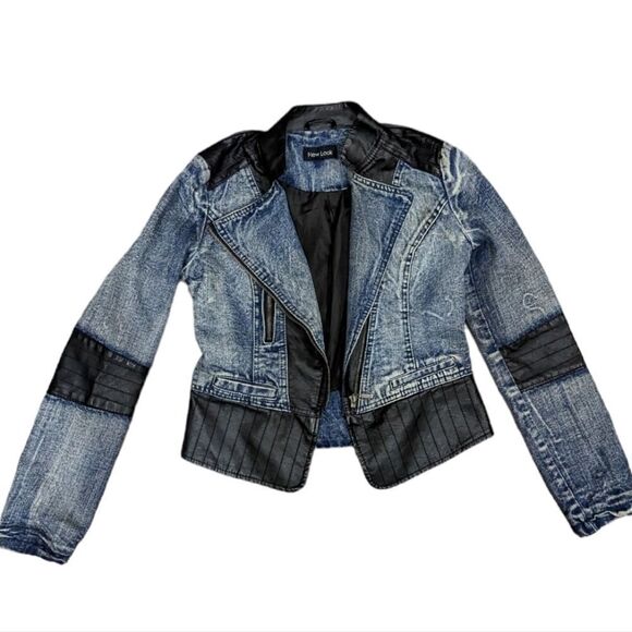 New Look Denim & Vegan Leather Moto Jacket. Size Small. - Picture 2 of 5